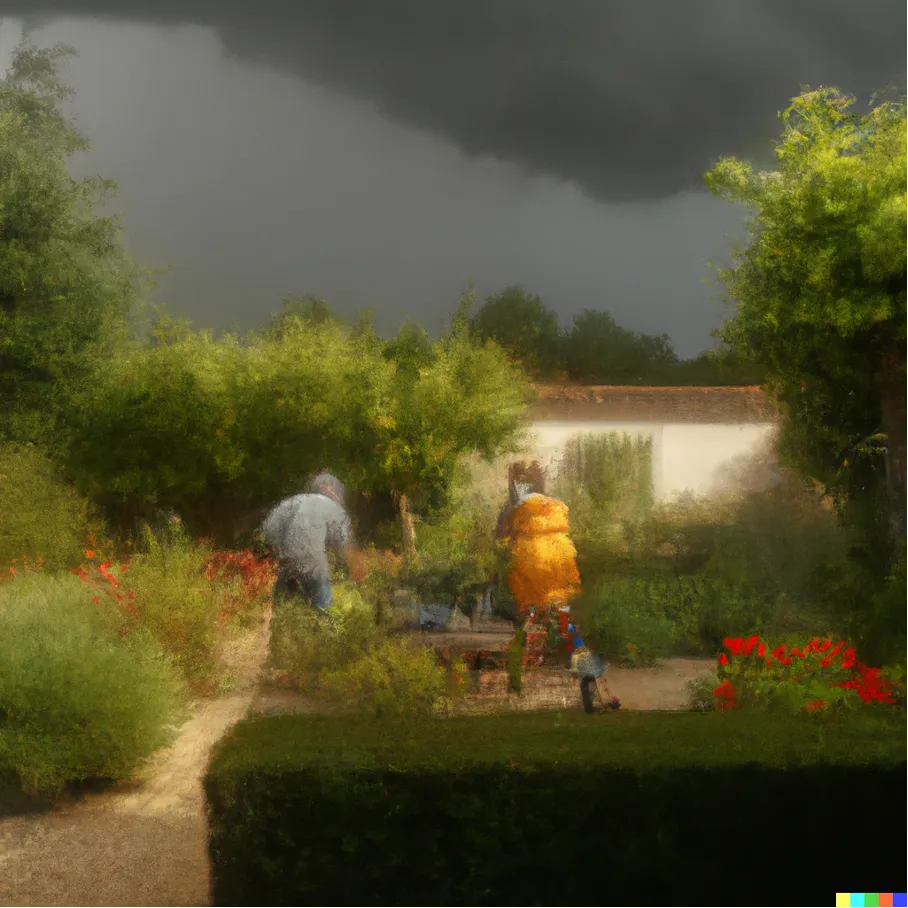 un-couple-en-train-de-s-occuper-de-son-jardin-façon-Turner-sous-un-orage